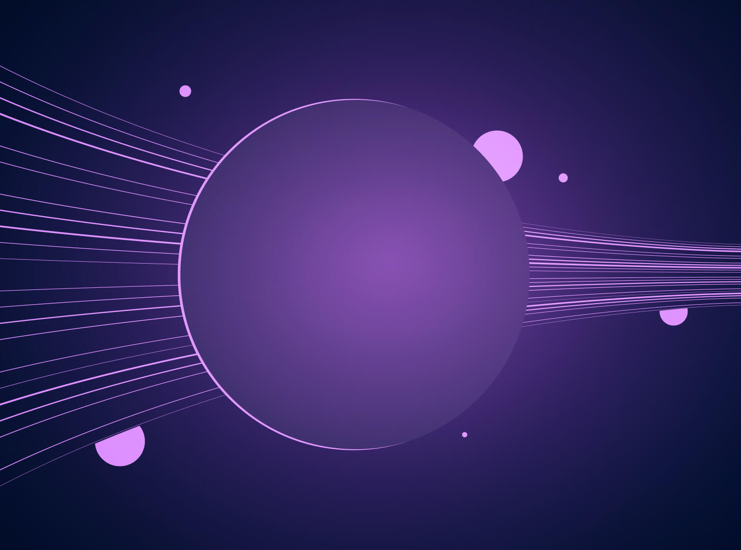 A large glowing sphere in the centre with flowing lines passing through it on a dark purple background.