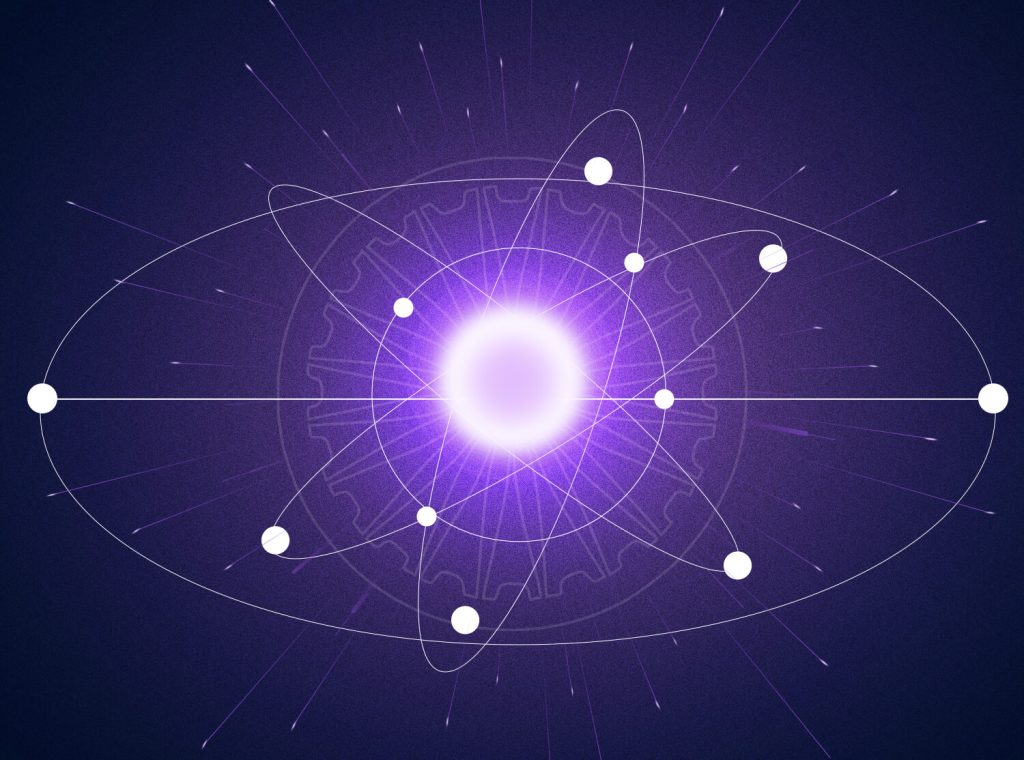 glowing central light with orbit-like paths and small dots moving around it on a dark background.