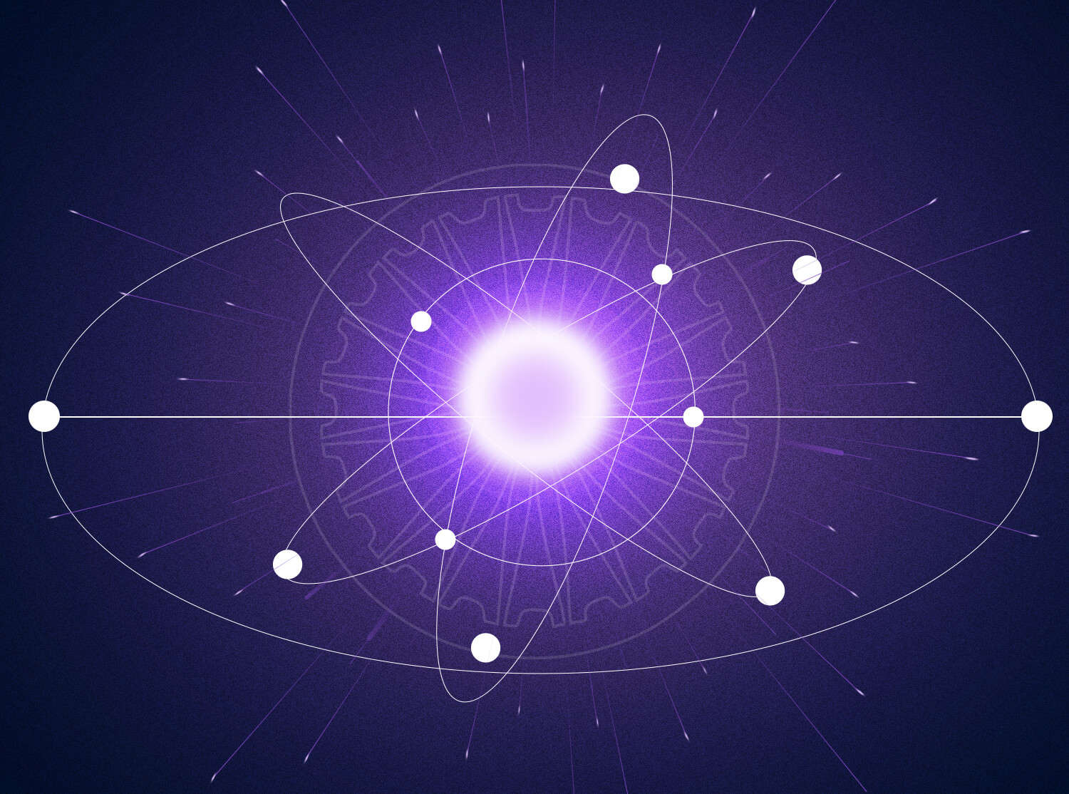 glowing central light with orbit-like paths and small dots moving around it on a dark background.